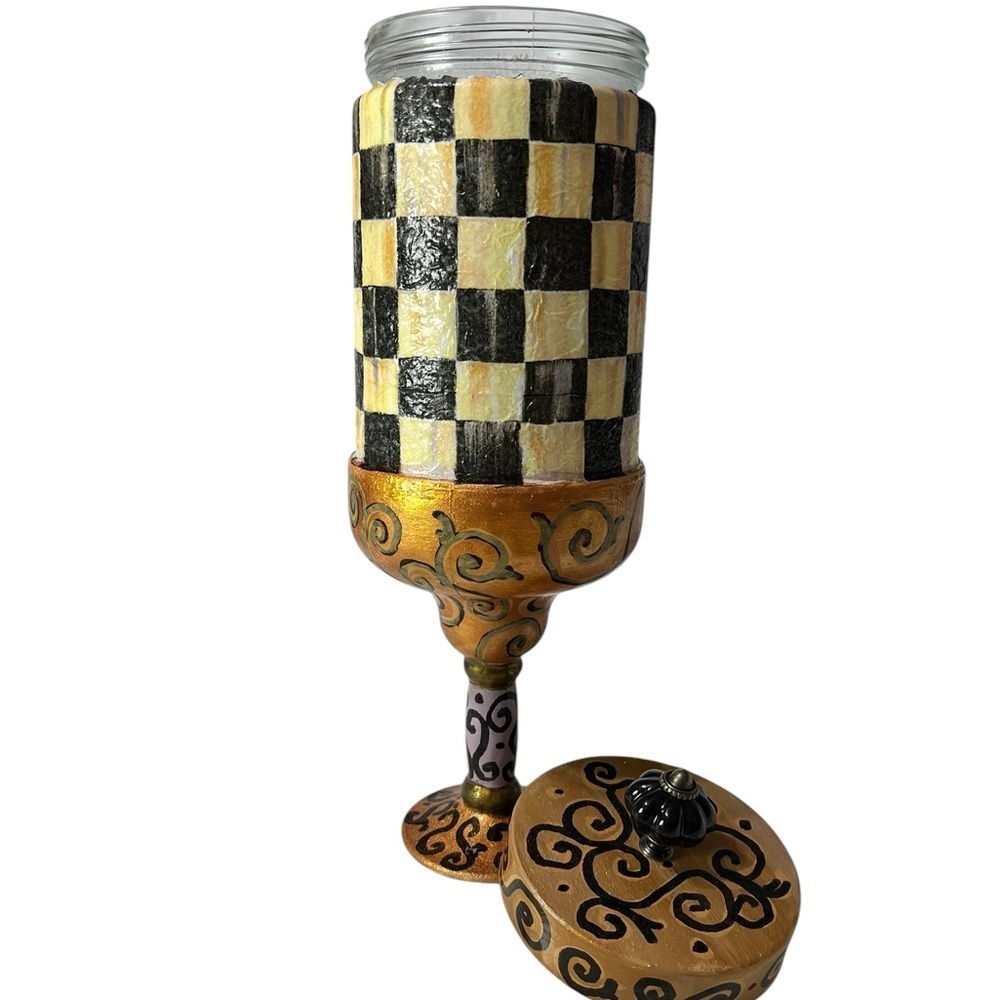 Elegant Checkered Mackenzie Child inspired Jar with Lid, Gold Accents☑️ - Picture 4 of 7